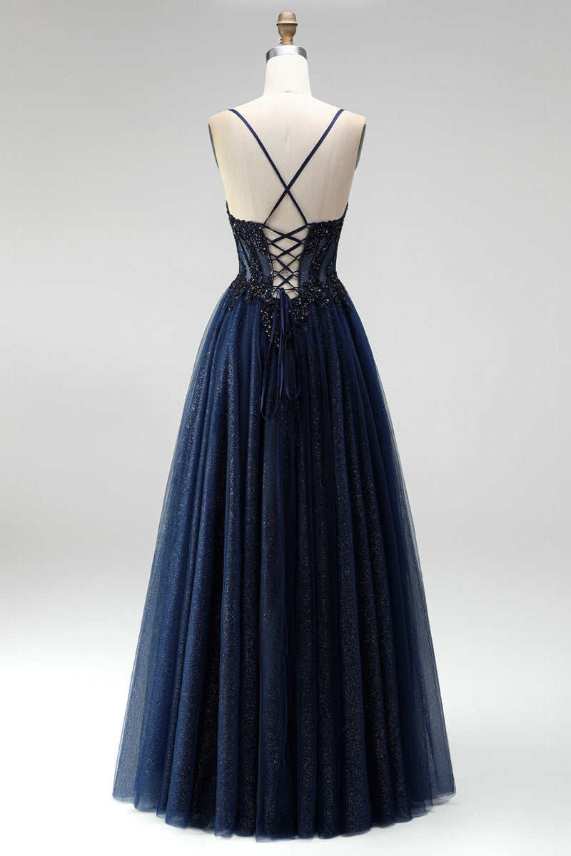 Laden Sie das Bild in den Galerie-Viewer, Glitzerblaues A-Linie Korsett Tüll Pailletten Applikationen Spaghettiträger Langes Abschlussballkleid