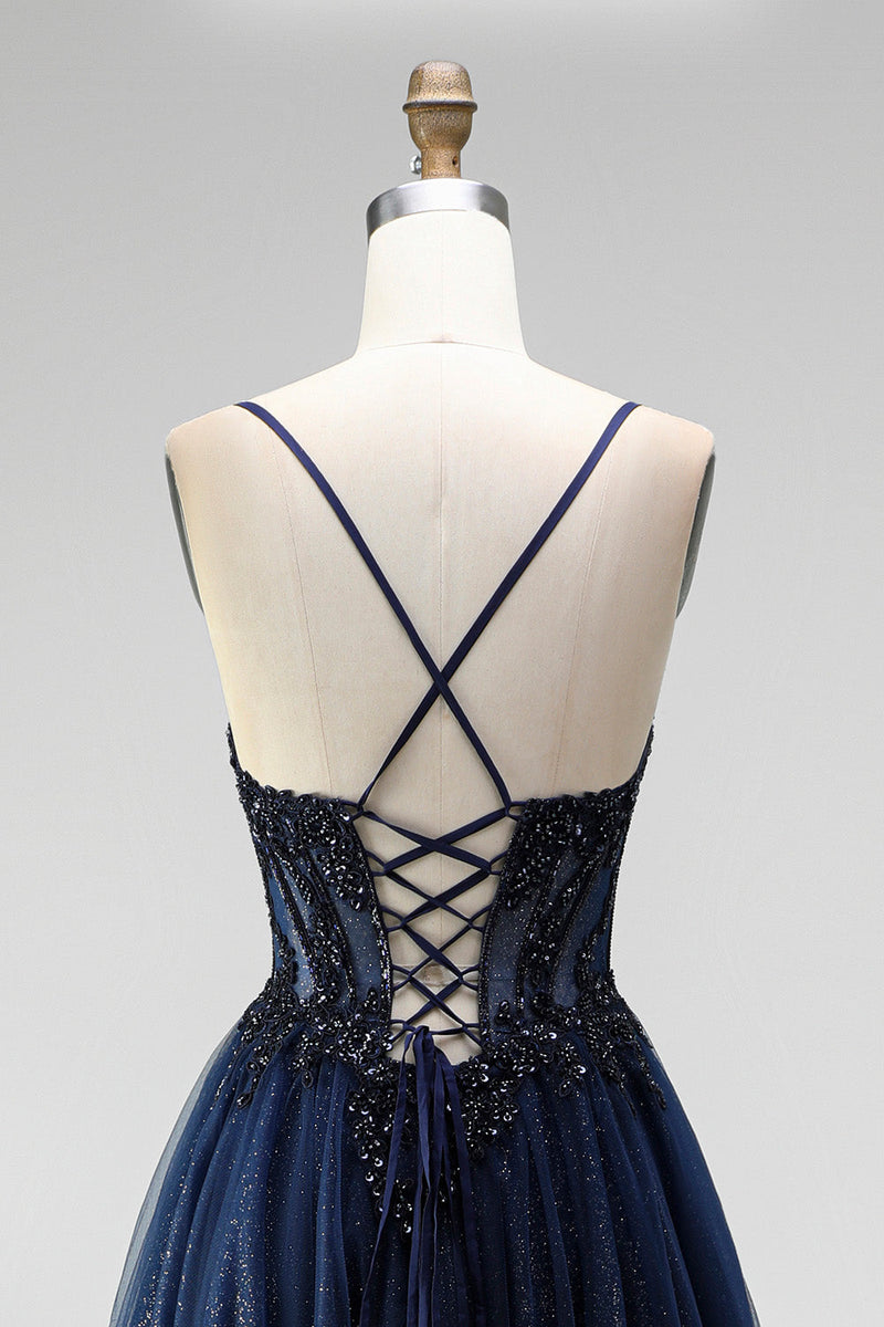 Laden Sie das Bild in den Galerie-Viewer, Glitzerblaues A-Linie Korsett Tüll Pailletten Applikationen Spaghettiträger Langes Abschlussballkleid