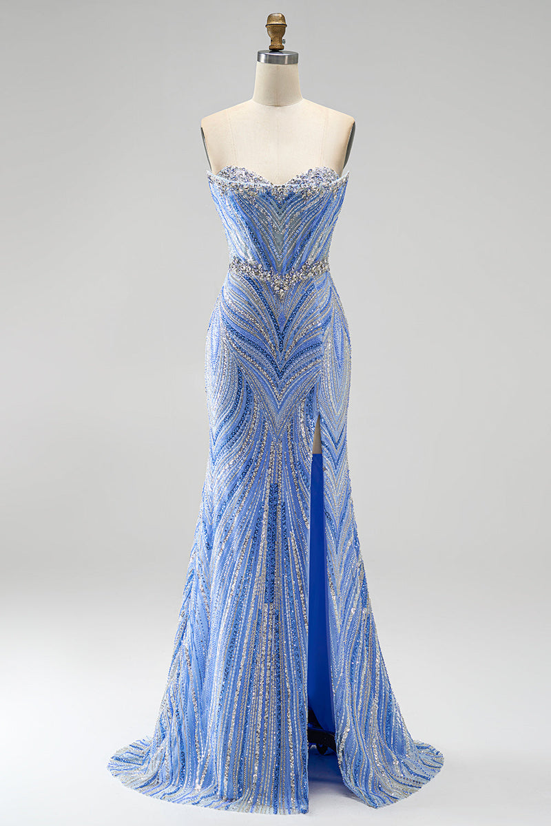 Laden Sie das Bild in den Galerie-Viewer, Blaues Trägerloses Perlenbesetztes Meerjungfrauen Langes Abendkleid mit Schlitz