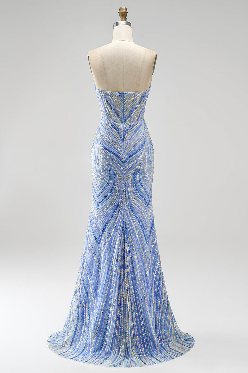 Laden Sie das Bild in den Galerie-Viewer, Blaues Trägerloses Perlenbesetztes Meerjungfrauen Langes Abendkleid mit Schlitz
