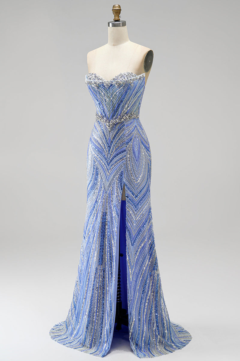 Laden Sie das Bild in den Galerie-Viewer, Blaues Trägerloses Perlenbesetztes Meerjungfrauen Langes Abendkleid mit Schlitz