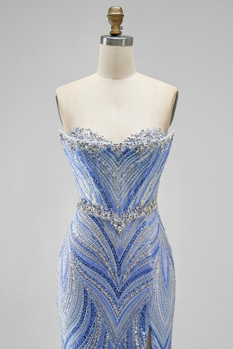Laden Sie das Bild in den Galerie-Viewer, Blaues Trägerloses Perlenbesetztes Meerjungfrauen Langes Abendkleid mit Schlitz