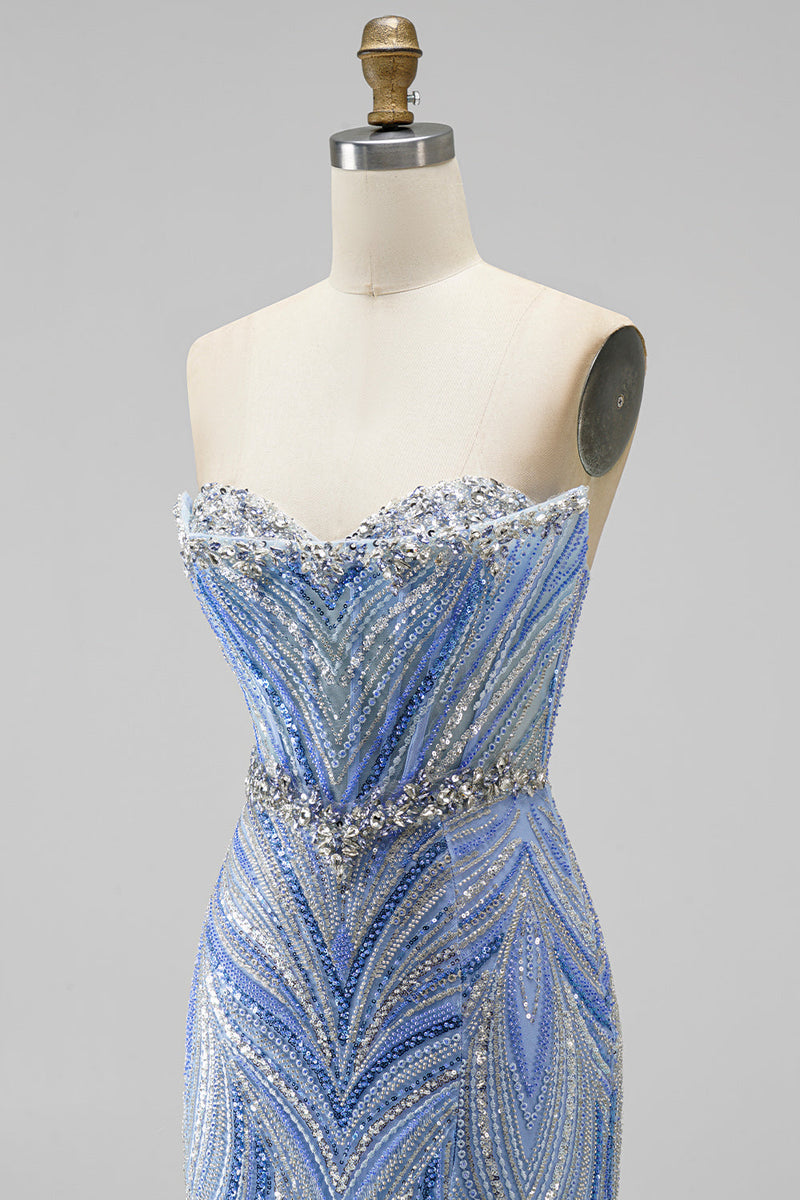 Laden Sie das Bild in den Galerie-Viewer, Blaues Trägerloses Perlenbesetztes Meerjungfrauen Langes Abendkleid mit Schlitz