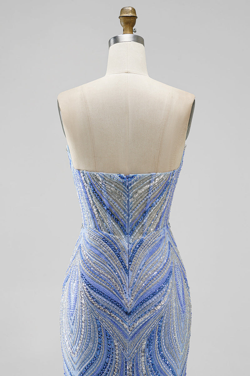 Laden Sie das Bild in den Galerie-Viewer, Blaues Trägerloses Perlenbesetztes Meerjungfrauen Langes Abendkleid mit Schlitz