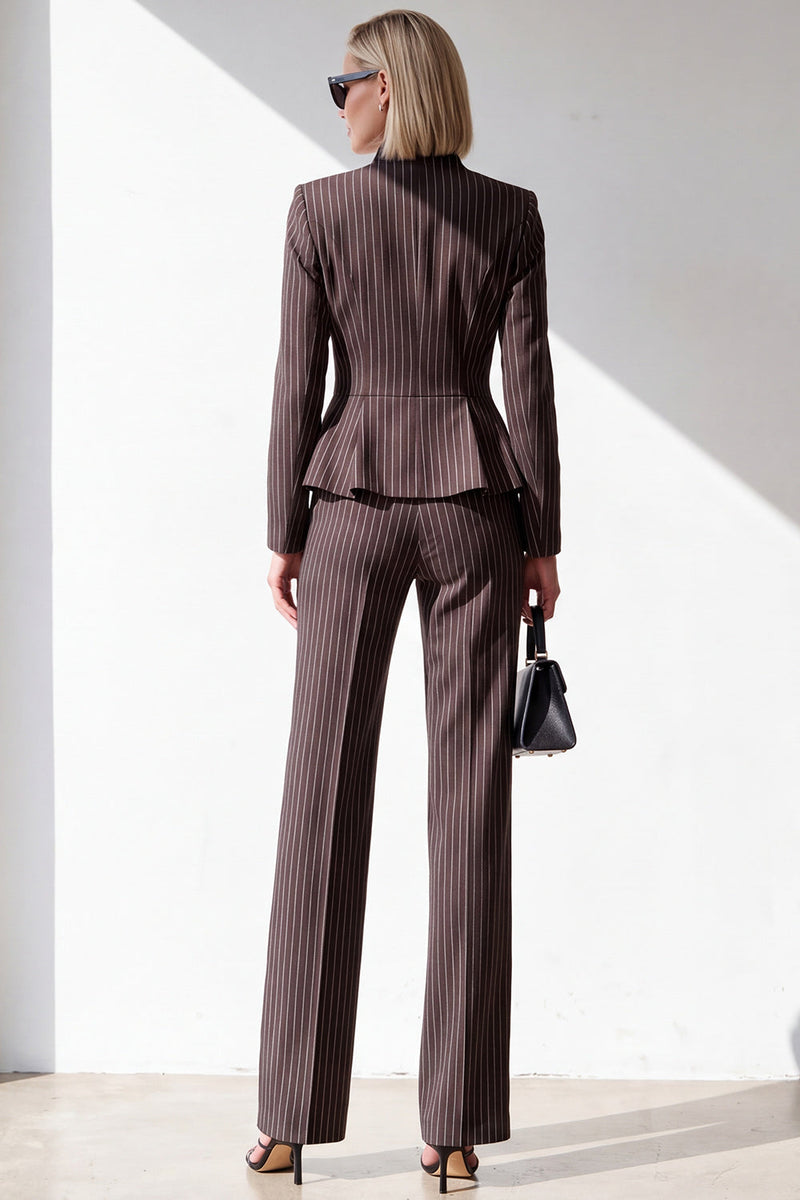 Laden Sie das Bild in den Galerie-Viewer, Kaffee-Pinstripe-V-Ausschnitt 2-teilige Peplum-Damenanzüge mit Taschen