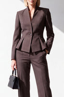 Laden Sie das Bild in den Galerie-Viewer, Kaffee-Pinstripe-V-Ausschnitt 2-teilige Peplum-Damenanzüge mit Taschen
