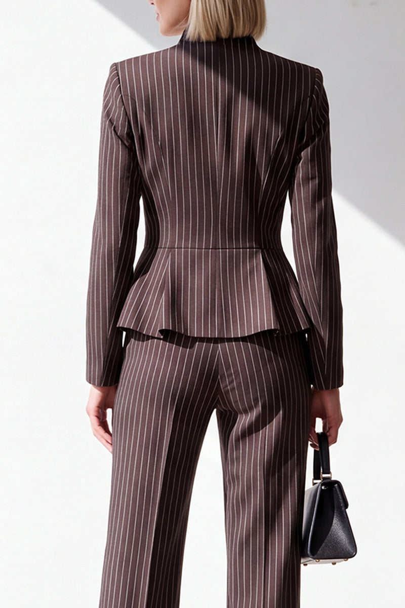 Laden Sie das Bild in den Galerie-Viewer, Kaffee-Pinstripe-V-Ausschnitt 2-teilige Peplum-Damenanzüge mit Taschen