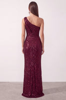 Laden Sie das Bild in den Galerie-Viewer, Burgunderrotes Asymmetrisches Einschulter Cowl Pailletten Scheiden Langes Weihnachtspartykleid mit Schlitz