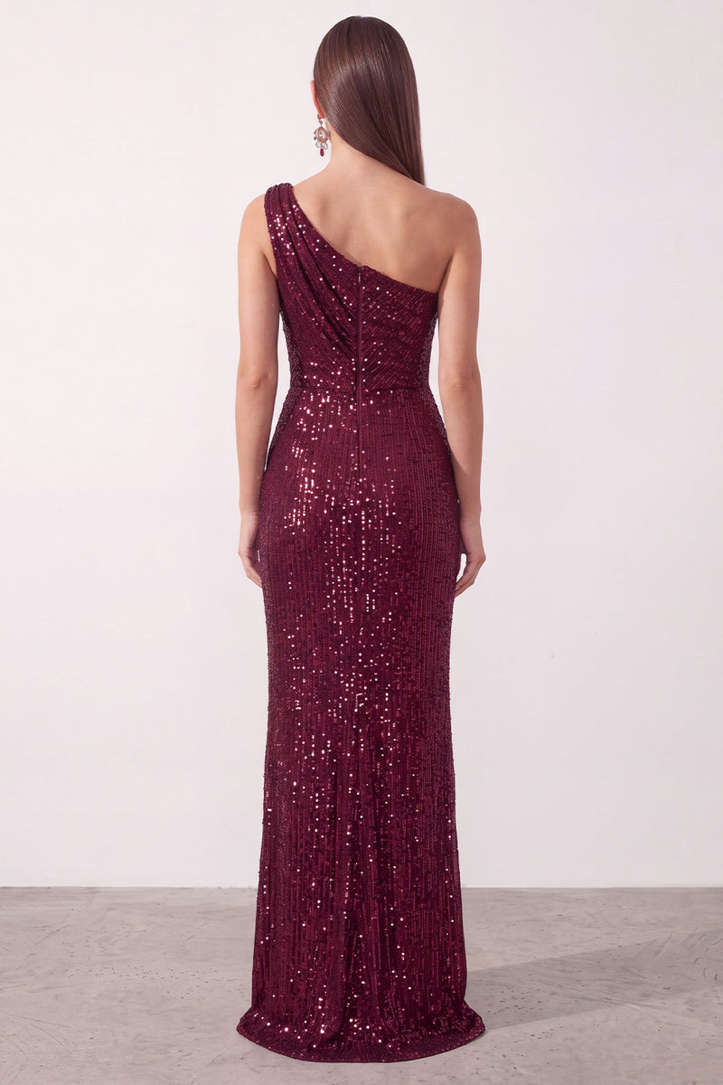 Laden Sie das Bild in den Galerie-Viewer, Burgunderrotes Asymmetrisches Einschulter Cowl Pailletten Scheiden Langes Weihnachtspartykleid mit Schlitz