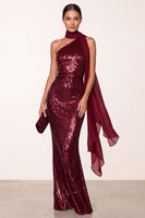 Laden Sie das Bild in den Galerie-Viewer, Burgunderrotes Halter Pailletten Meerjungfrauen Langes Weihnachtspartykleid mit Chiffon-Drapierung