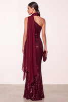 Laden Sie das Bild in den Galerie-Viewer, Burgunderrotes Halter Pailletten Meerjungfrauen Langes Weihnachtspartykleid mit Chiffon-Drapierung