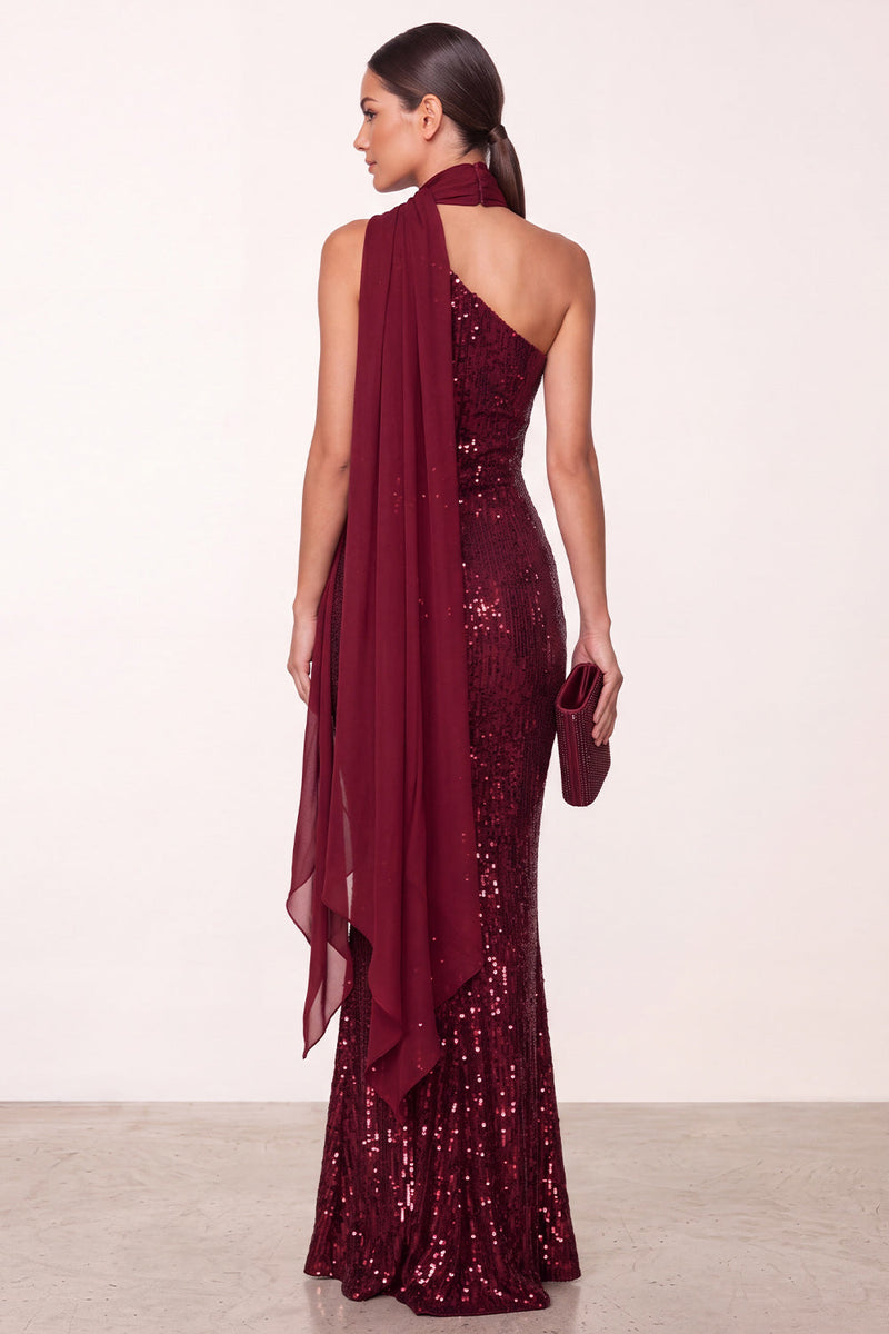Laden Sie das Bild in den Galerie-Viewer, Burgunderrotes Halter Pailletten Meerjungfrauen Langes Weihnachtspartykleid mit Chiffon-Drapierung