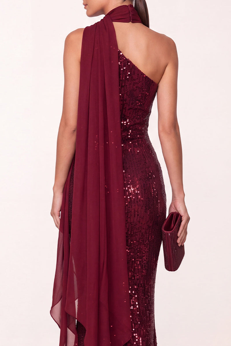 Laden Sie das Bild in den Galerie-Viewer, Burgunderrotes Halter Pailletten Meerjungfrauen Langes Weihnachtspartykleid mit Chiffon-Drapierung