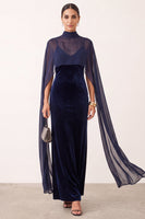 Laden Sie das Bild in den Galerie-Viewer, Marineblaues Samt Scheide Hochhals Spaghettiträger Langes Festliches Kleid mit Chiffon-Cape
