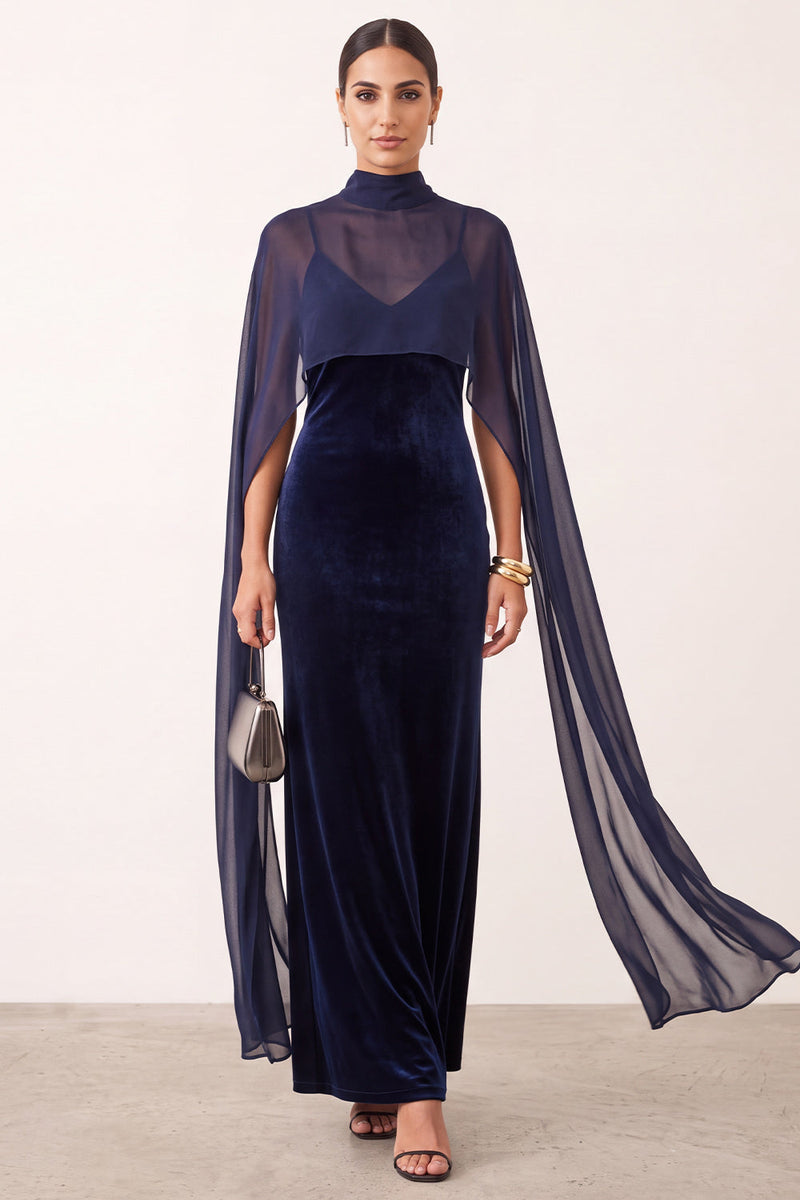 Laden Sie das Bild in den Galerie-Viewer, Marineblaues Samt Scheide Hochhals Spaghettiträger Langes Festliches Kleid mit Chiffon-Cape
