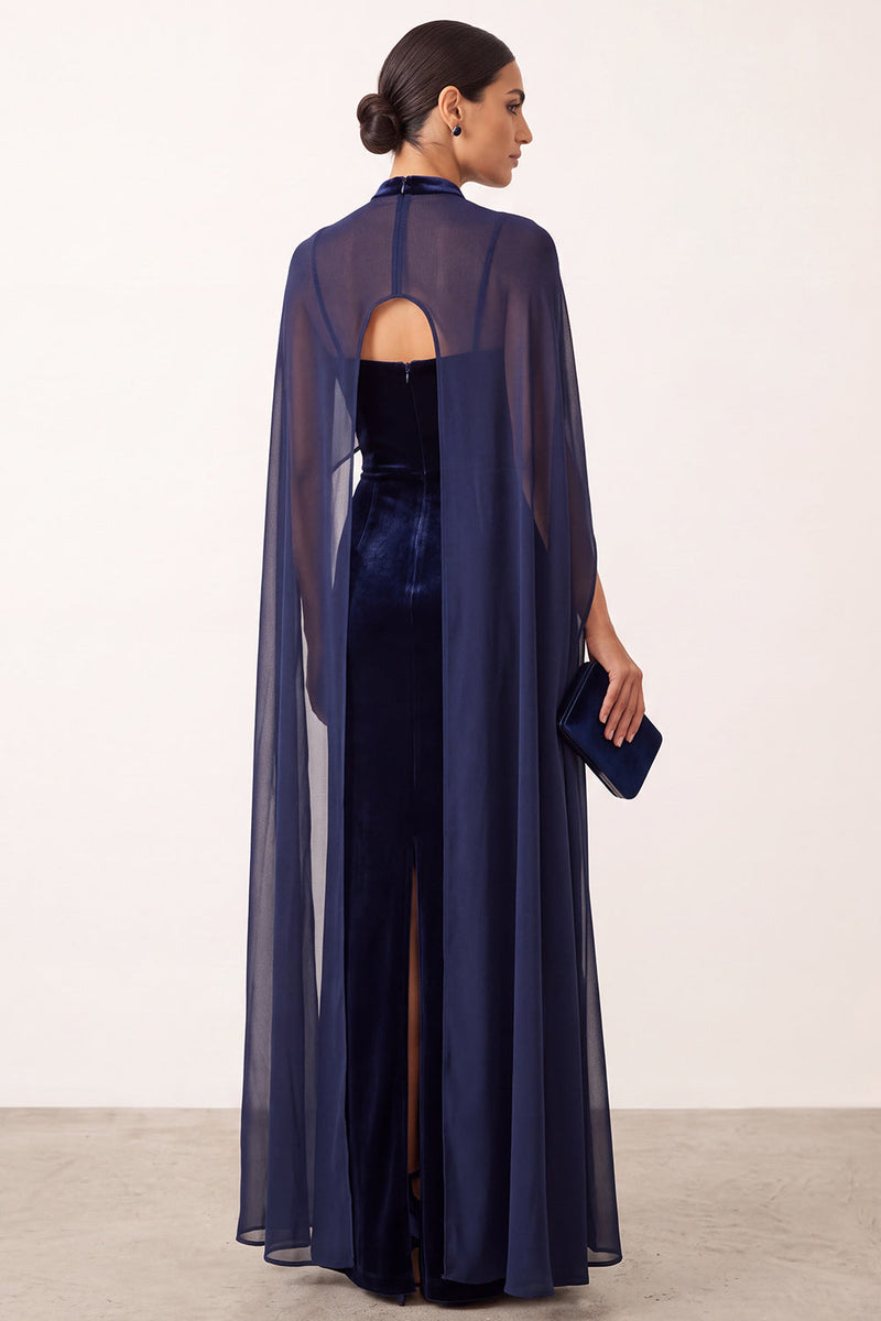 Laden Sie das Bild in den Galerie-Viewer, Marineblaues Samt Scheide Hochhals Spaghettiträger Langes Festliches Kleid mit Chiffon-Cape