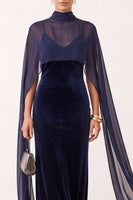 Laden Sie das Bild in den Galerie-Viewer, Marineblaues Samt Scheide Hochhals Spaghettiträger Langes Festliches Kleid mit Chiffon-Cape
