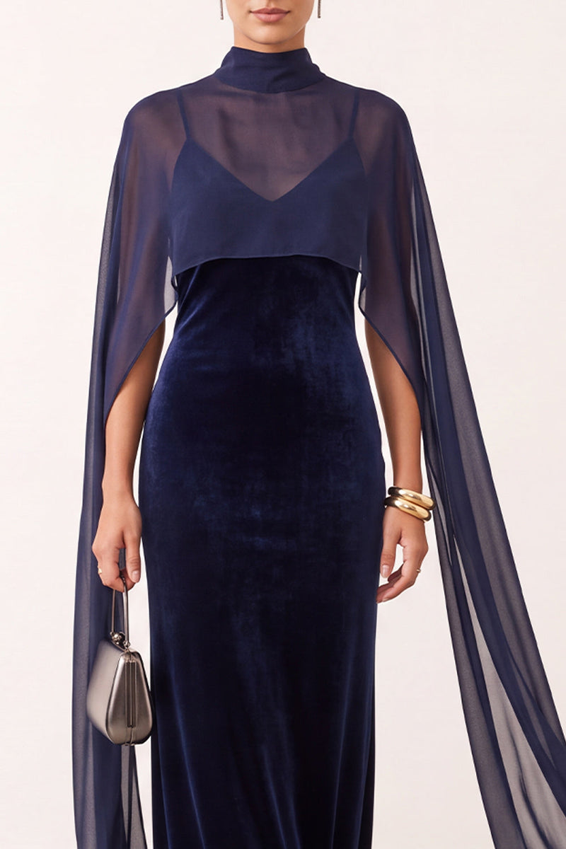 Laden Sie das Bild in den Galerie-Viewer, Marineblaues Samt Scheide Hochhals Spaghettiträger Langes Festliches Kleid mit Chiffon-Cape