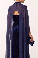 Laden Sie das Bild in den Galerie-Viewer, Marineblaues Samt Scheide Hochhals Spaghettiträger Langes Festliches Kleid mit Chiffon-Cape