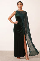 Laden Sie das Bild in den Galerie-Viewer, Dunkelgrünes Bateau-Hals Samt Scheide Perlen Ein Schulter Langes Weihnachtsfestkleid mit Chiffon-Cape