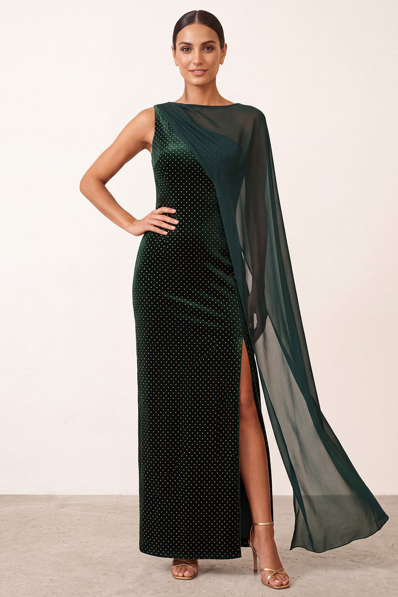 Laden Sie das Bild in den Galerie-Viewer, Dunkelgrünes Bateau-Hals Samt Scheide Perlen Ein Schulter Langes Weihnachtsfestkleid mit Chiffon-Cape