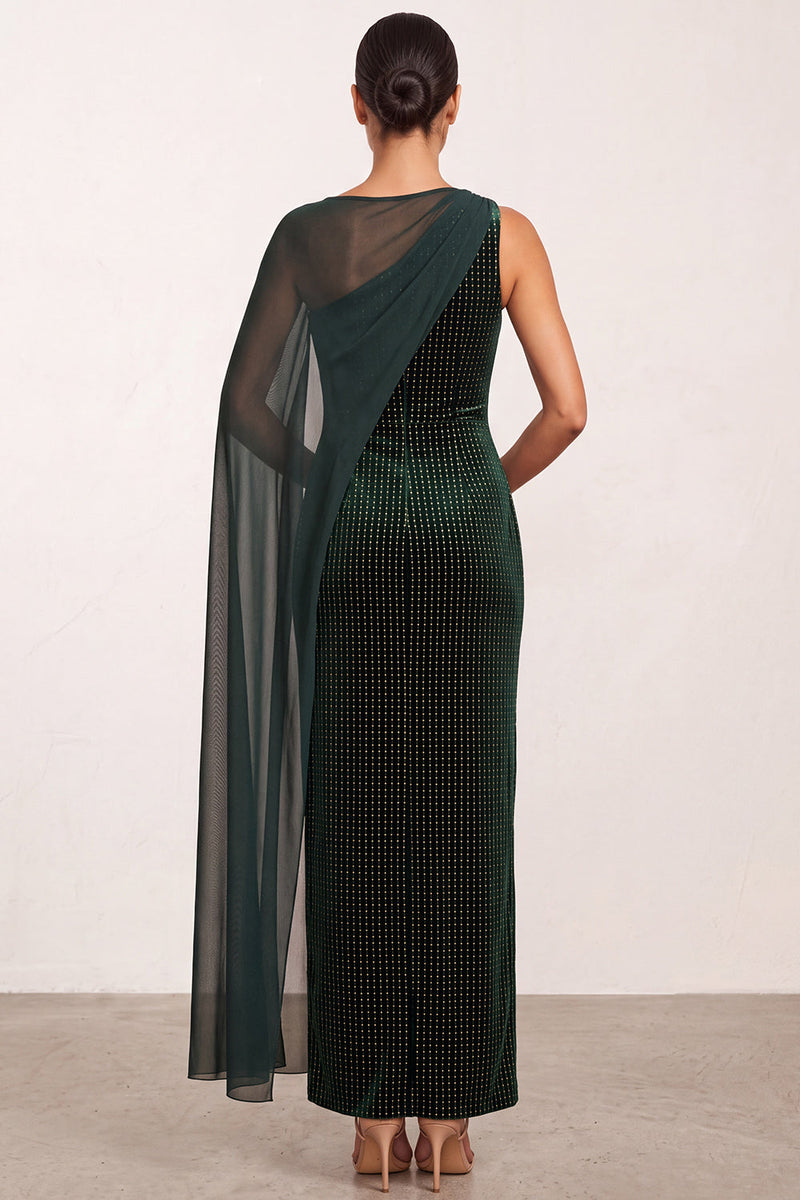 Laden Sie das Bild in den Galerie-Viewer, Dunkelgrünes Bateau-Hals Samt Scheide Perlen Ein Schulter Langes Weihnachtsfestkleid mit Chiffon-Cape