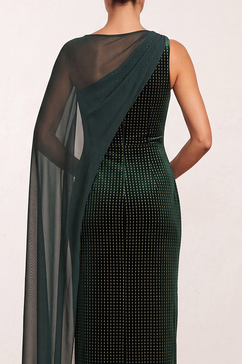 Laden Sie das Bild in den Galerie-Viewer, Dunkelgrünes Bateau-Hals Samt Scheide Perlen Ein Schulter Langes Weihnachtsfestkleid mit Chiffon-Cape