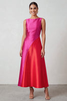 Laden Sie das Bild in den Galerie-Viewer, Fuchsia Rotes Bateau-Ausschnitt Satin A-Linie Midi-Festkleid