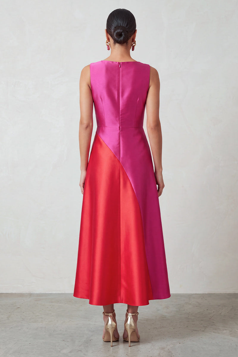 Laden Sie das Bild in den Galerie-Viewer, Fuchsia Rotes Bateau-Ausschnitt Satin A-Linie Midi-Festkleid