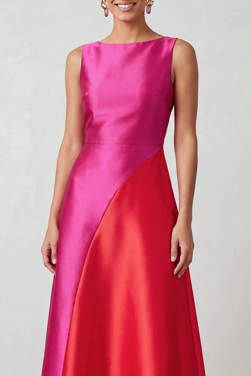 Laden Sie das Bild in den Galerie-Viewer, Fuchsia Rotes Bateau-Ausschnitt Satin A-Linie Midi-Festkleid
