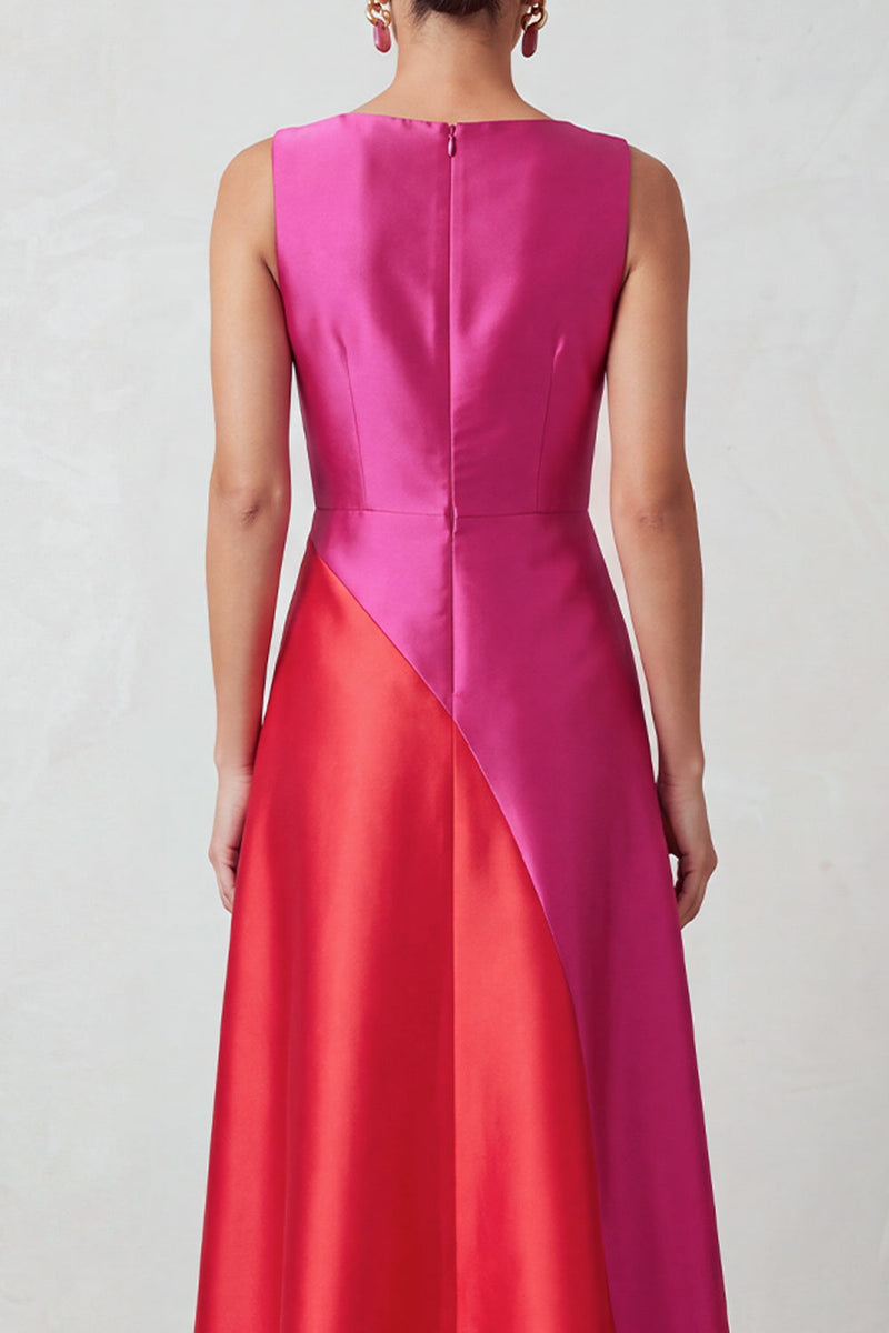 Laden Sie das Bild in den Galerie-Viewer, Fuchsia Rotes Bateau-Ausschnitt Satin A-Linie Midi-Festkleid