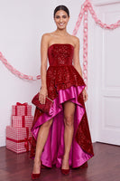 Laden Sie das Bild in den Galerie-Viewer, Glitzerndes Rotes A-Linie Trägerloses Pailletten Hoch Niedrig Stufen Satin Weihnachtsfestkleid