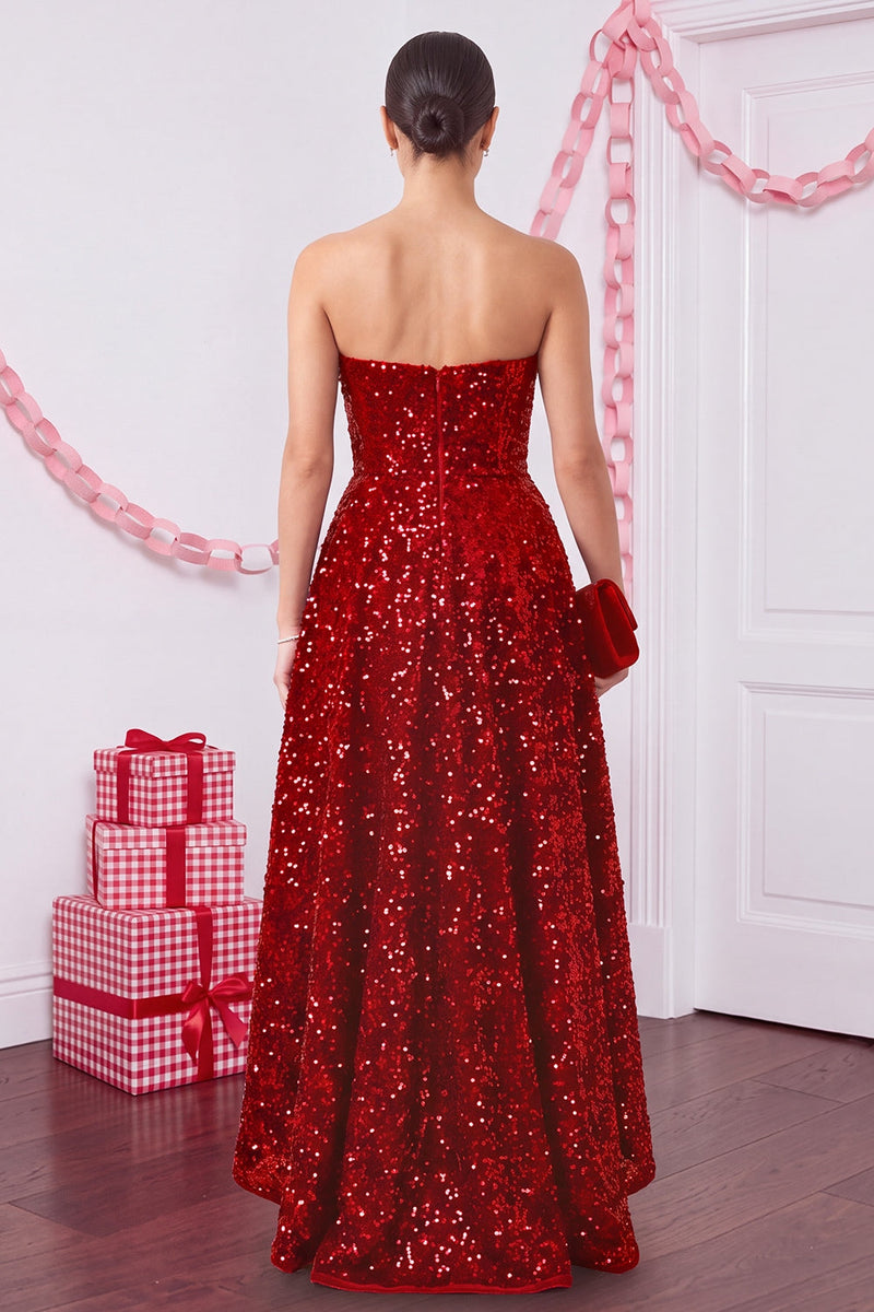 Laden Sie das Bild in den Galerie-Viewer, Glitzerndes Rotes A-Linie Trägerloses Pailletten Hoch Niedrig Stufen Satin Weihnachtsfestkleid