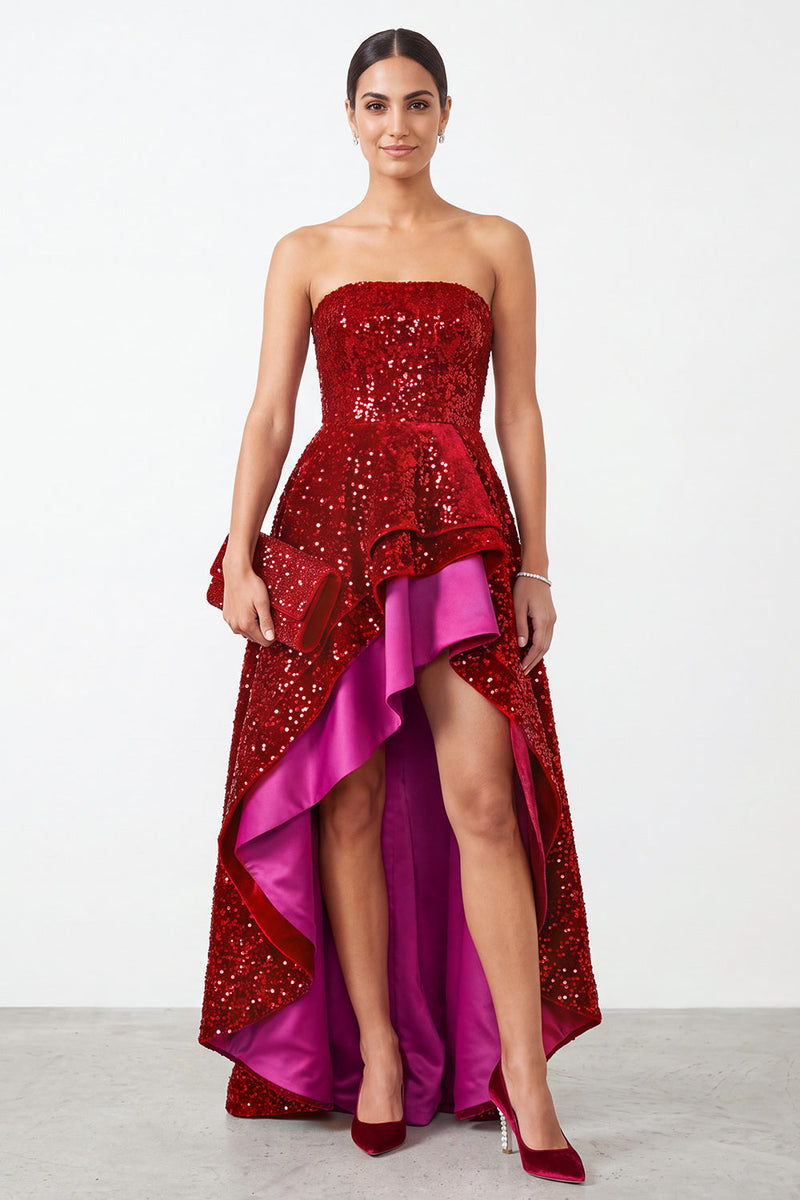 Laden Sie das Bild in den Galerie-Viewer, Glitzerndes Rotes A-Linie Trägerloses Pailletten Hoch Niedrig Stufen Satin Weihnachtsfestkleid