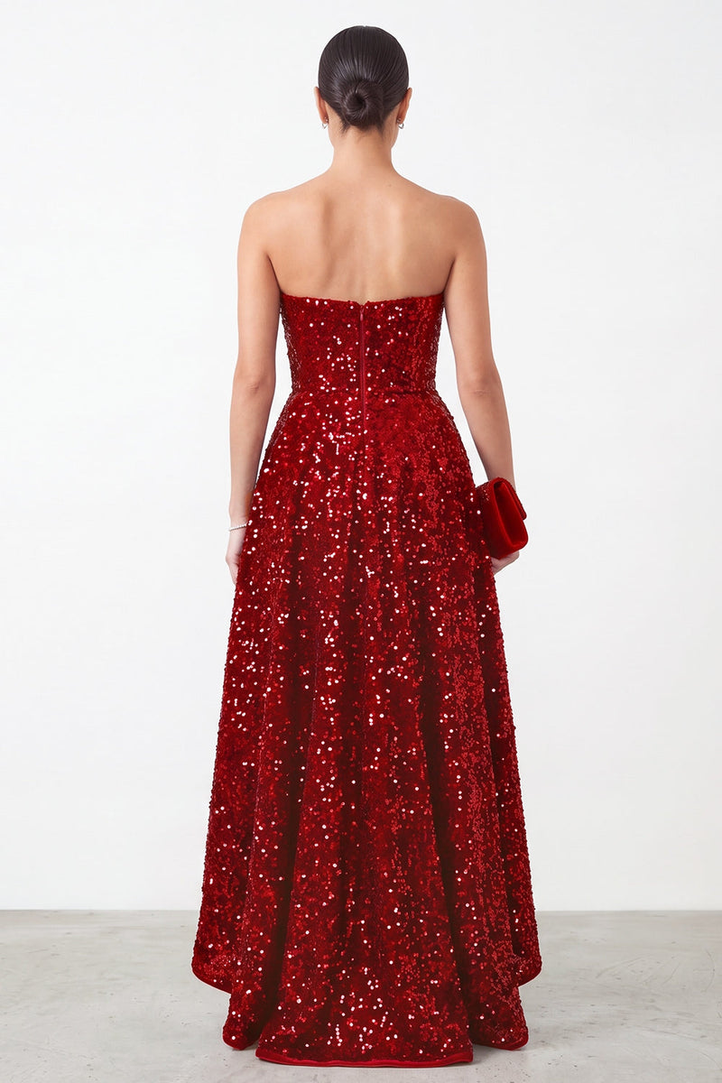 Laden Sie das Bild in den Galerie-Viewer, Glitzerndes Rotes A-Linie Trägerloses Pailletten Hoch Niedrig Stufen Satin Weihnachtsfestkleid