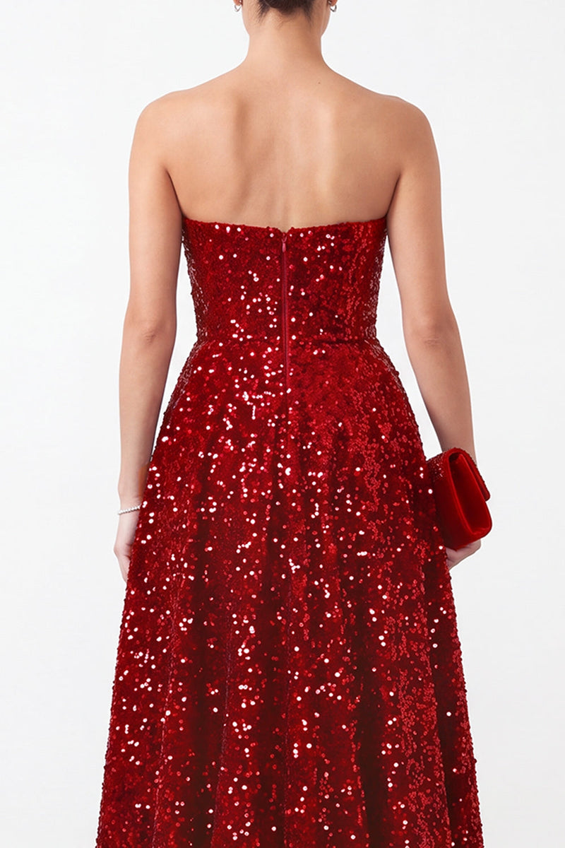 Laden Sie das Bild in den Galerie-Viewer, Glitzerndes Rotes A-Linie Trägerloses Pailletten Hoch Niedrig Stufen Satin Weihnachtsfestkleid