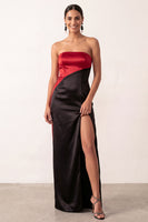 Laden Sie das Bild in den Galerie-Viewer, Schwarzes Rotes Satin Scheide Trägerloses Langes Festkleid mit Schlitz