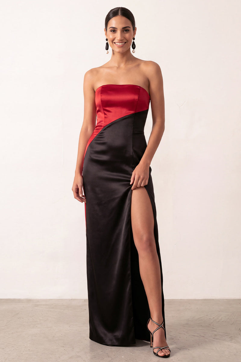 Laden Sie das Bild in den Galerie-Viewer, Schwarzes Rotes Satin Scheide Trägerloses Langes Festkleid mit Schlitz