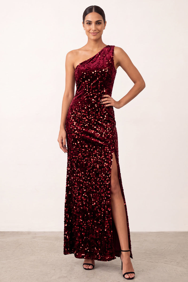 Laden Sie das Bild in den Galerie-Viewer, Glitzerndes Burgunderrotes Pailletten Samt Ein-Schulter Scheide Langes Weihnachtsparty-Kleid mit Schlitz