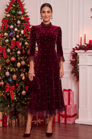 Laden Sie das Bild in den Galerie-Viewer, Burgunderrotes Samt A-Linie Perlen Midi-Weihnachtsfeier Kleid mit 3/4 Ärmeln
