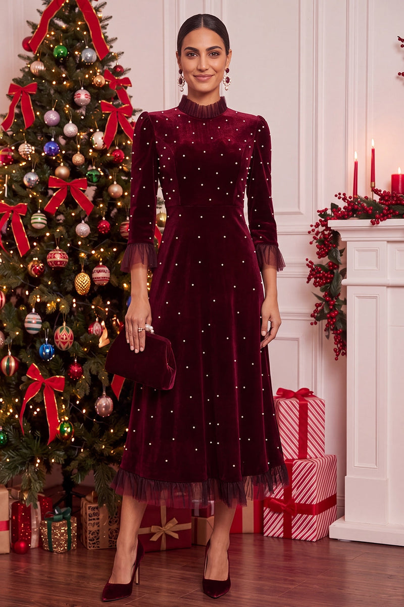 Laden Sie das Bild in den Galerie-Viewer, Burgunderrotes Samt A-Linie Perlen Midi-Weihnachtsfeier Kleid mit 3/4 Ärmeln