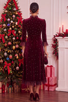 Laden Sie das Bild in den Galerie-Viewer, Burgunderrotes Samt A-Linie Perlen Midi-Weihnachtsfeier Kleid mit 3/4 Ärmeln