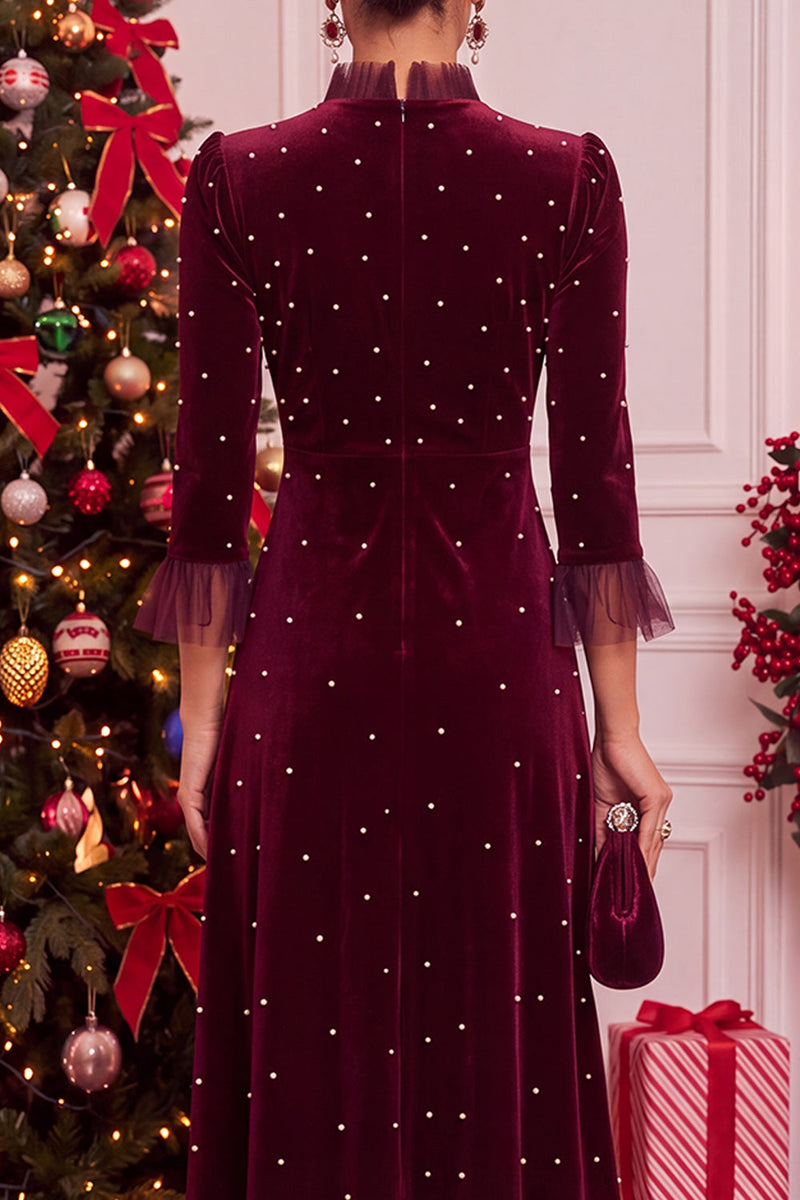 Laden Sie das Bild in den Galerie-Viewer, Burgunderrotes Samt A-Linie Perlen Midi-Weihnachtsfeier Kleid mit 3/4 Ärmeln
