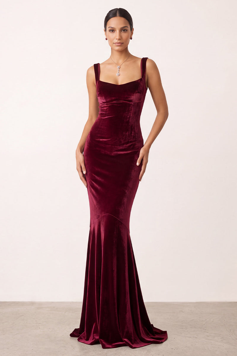 Laden Sie das Bild in den Galerie-Viewer, Meerjungfrauen Burgunderrotes Samt Quadratischer Ausschnitt Langes Weihnachtsfestkleid