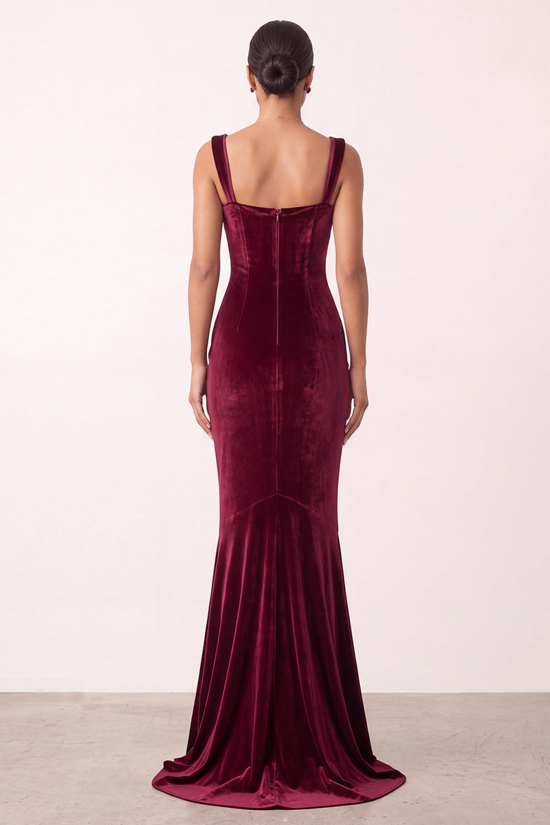 Laden Sie das Bild in den Galerie-Viewer, Meerjungfrauen Burgunderrotes Samt Quadratischer Ausschnitt Langes Weihnachtsfestkleid