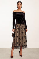 Laden Sie das Bild in den Galerie-Viewer, Schwarzes Champagner Samt A-Linie Off-the-shoulder Gerafftes Tüll Langarm Midi Hochzeitsgastkleid