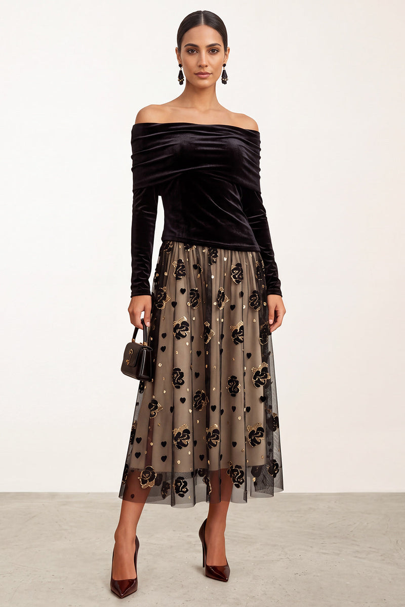 Laden Sie das Bild in den Galerie-Viewer, Schwarzes Champagner Samt A-Linie Off-the-shoulder Gerafftes Tüll Langarm Midi Hochzeitsgastkleid