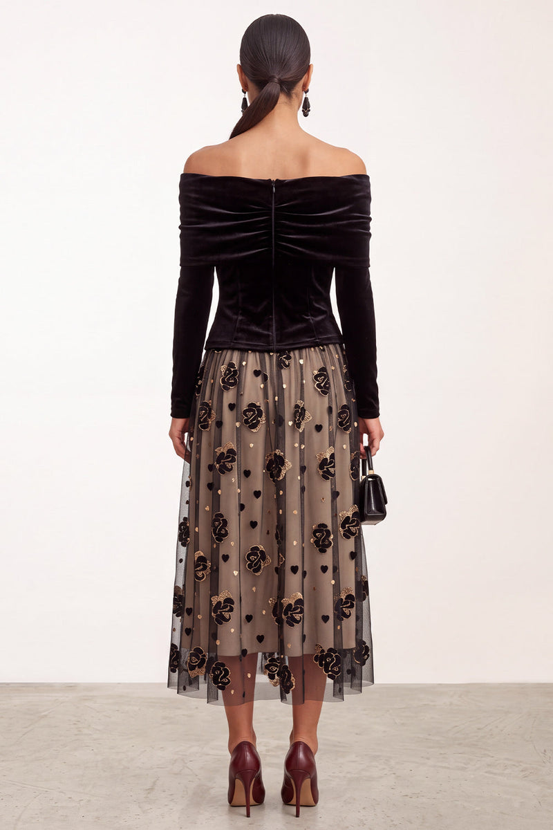 Laden Sie das Bild in den Galerie-Viewer, Schwarzes Champagner Samt A-Linie Off-the-shoulder Gerafftes Tüll Langarm Midi Hochzeitsgastkleid