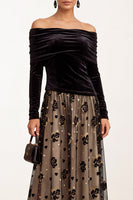 Laden Sie das Bild in den Galerie-Viewer, Schwarzes Champagner Samt A-Linie Off-the-shoulder Gerafftes Tüll Langarm Midi Hochzeitsgastkleid