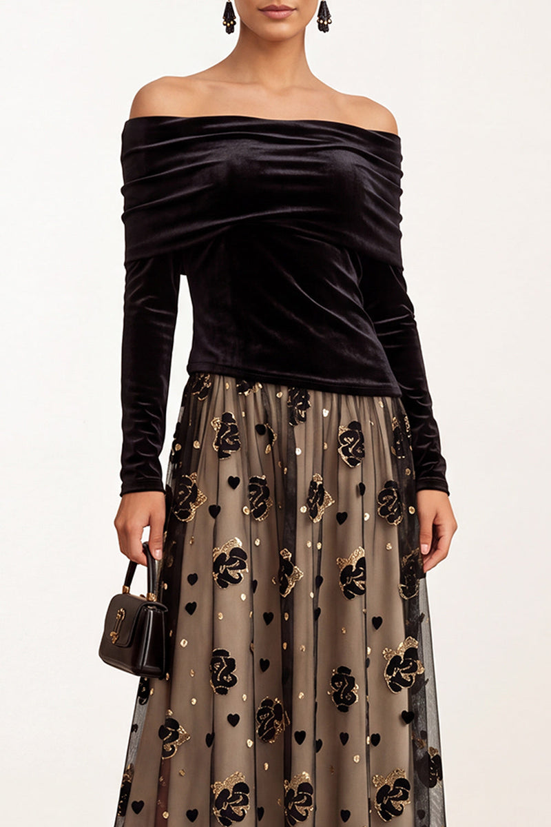 Laden Sie das Bild in den Galerie-Viewer, Schwarzes Champagner Samt A-Linie Off-the-shoulder Gerafftes Tüll Langarm Midi Hochzeitsgastkleid